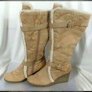 Tan Suede 14” Boots Fleece Trimmed Side Zipper 3” Wedge Heels Women's Size 8 M